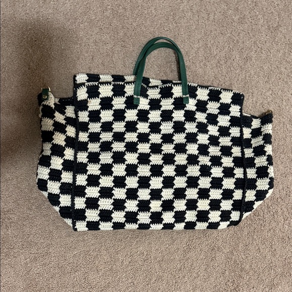 Clara V Bag Black and White Checkered Tote Bag with Green Handles - Picture 1 of 1